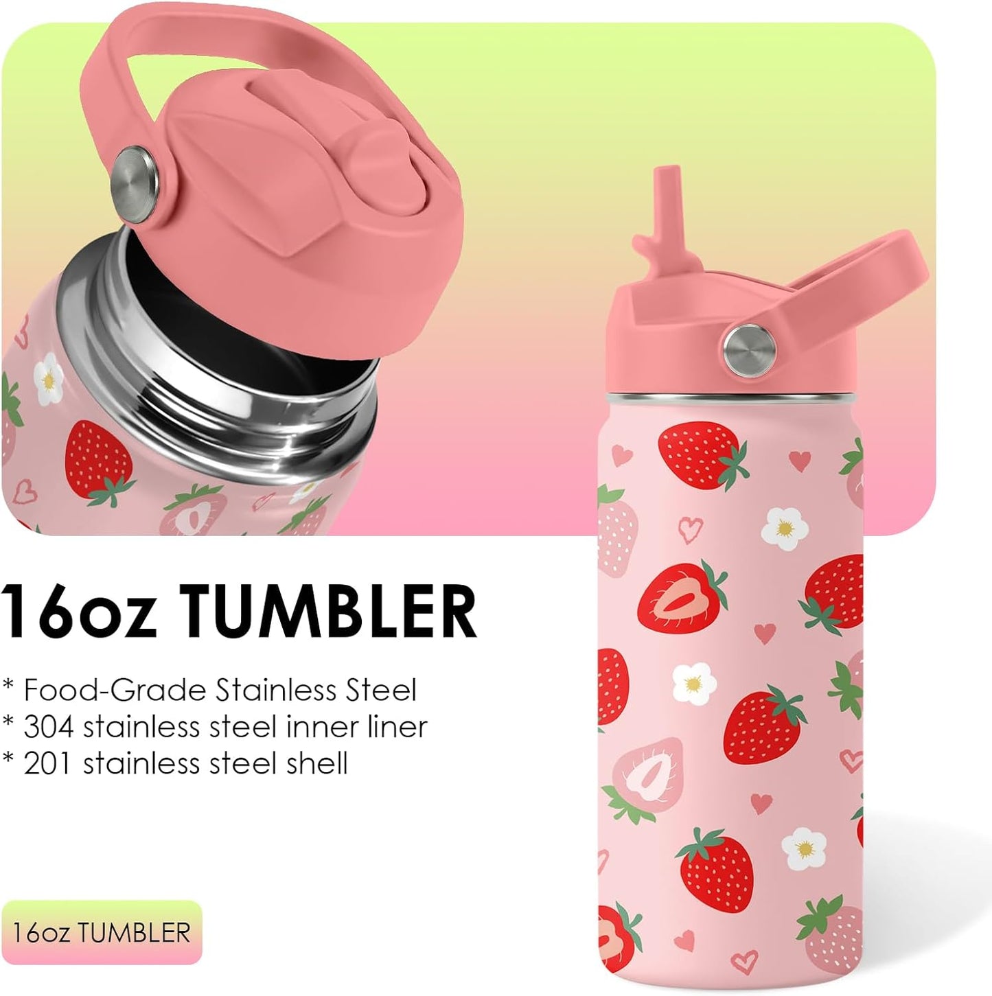 Strawberry Gifts for Kids - 16oz Pink Kids Water Bottle with Straw Lid, Stainless Steel Insulated Water Bottle, Leakproof, BPA-Free, for Girls, School, Strawberry Lover Children Birthday Gift Cup(1pc)