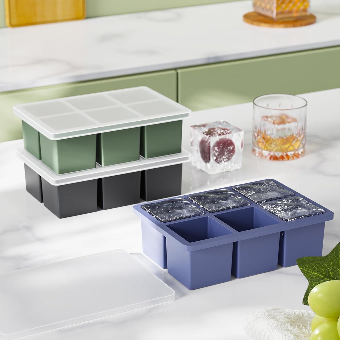 Large Ice Cube Tray for Whiskey: 2" Big Silicone Ice Tray with Lid for Whisky - 3Pack Old Fashioned Ice Cube Trays for Cocktail - Huge Square Cubed Bourbon Ice Cube Maker