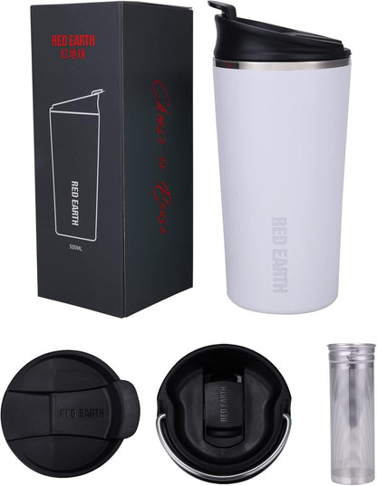 GiNT 17oz Travel Tea Mug with Infuser, 2 Lids. Vacuum Insulated 316 Stainless Steel Coffee Mug. Dishwasher Safe Tea Cup with Strainer for Hot & Cold Brew Coffee. Mothers Day Gifts for Mom (White)