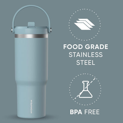 Hydrapeak Nomad 32oz Insulated Stainless Steel Travel Tumbler with Handle & Straw Lid, Leakproof, Cupholder Friendly, Keeps Drinks Cold 24 Hours, Reusable Bottle for Daily Hydration (Pale Sage)
