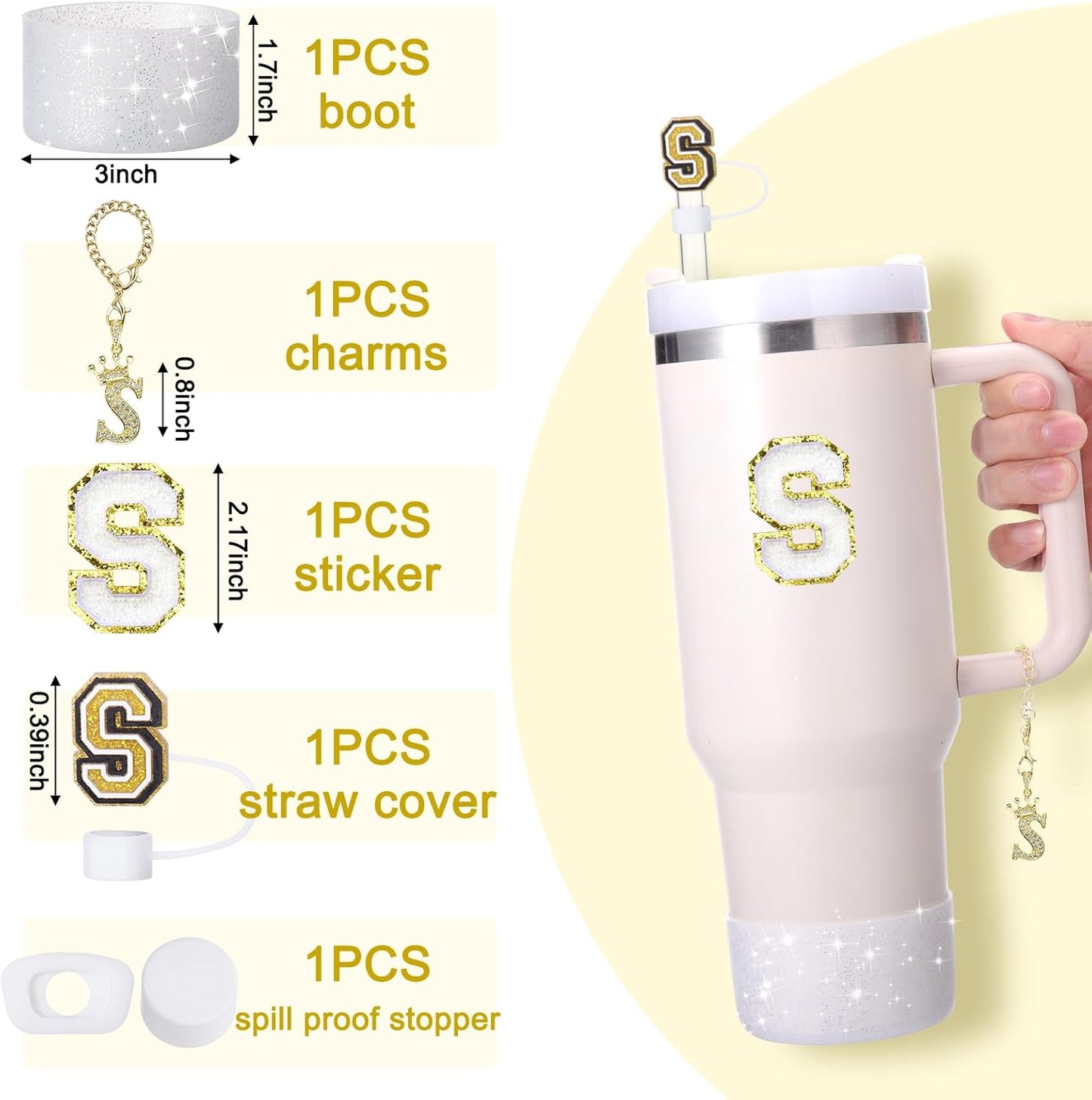Mity Rain 6pc Cup Accessories Set for Stanley 30 oz & 40 oz Tumbler with Handle, Including Straw Cover Cap, Cup Initials Charm, Silicone Boot, Round & Square Spill Proof Stopper