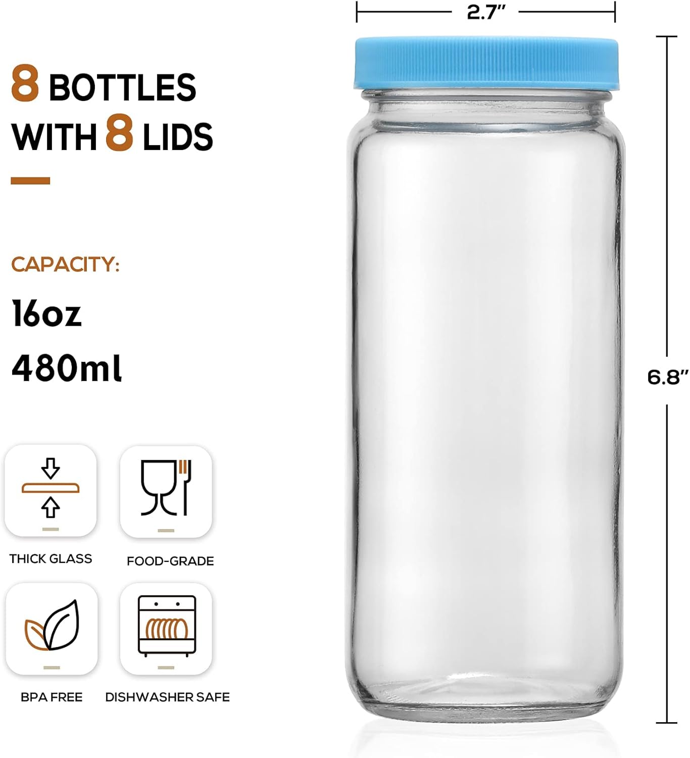8 Pack 16OZ Glass Juice Bottles with 8 Airtight Lids & 2 Straw Lids & 2 Straws - Freezable Juice Container, Travel Juicing Jars, Drinking Water Cups - Reusable Tall Mason Jar for Tea, Juice, Smoothies