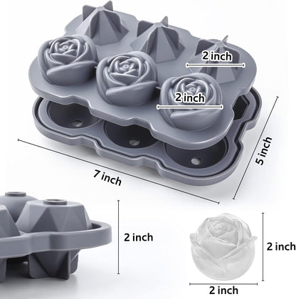 Ice Cube Tray, Mikiwon 2 inch Rose Ice Cube Trays With Covers, 3 Cavity Silicone Rose Ice Tray & 3 Diamond Ice Ball Maker, Easy Release Large Ice Cube Form for Chilled Cocktails, Whiskey Juice Black