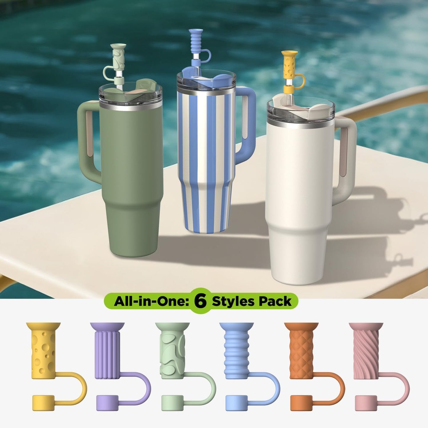 6 Pcs Straw Cover Caps with Suction Base, 0.4in/10mm Straw Toppers for Stanley Cup 30/40 oz, Multicolor