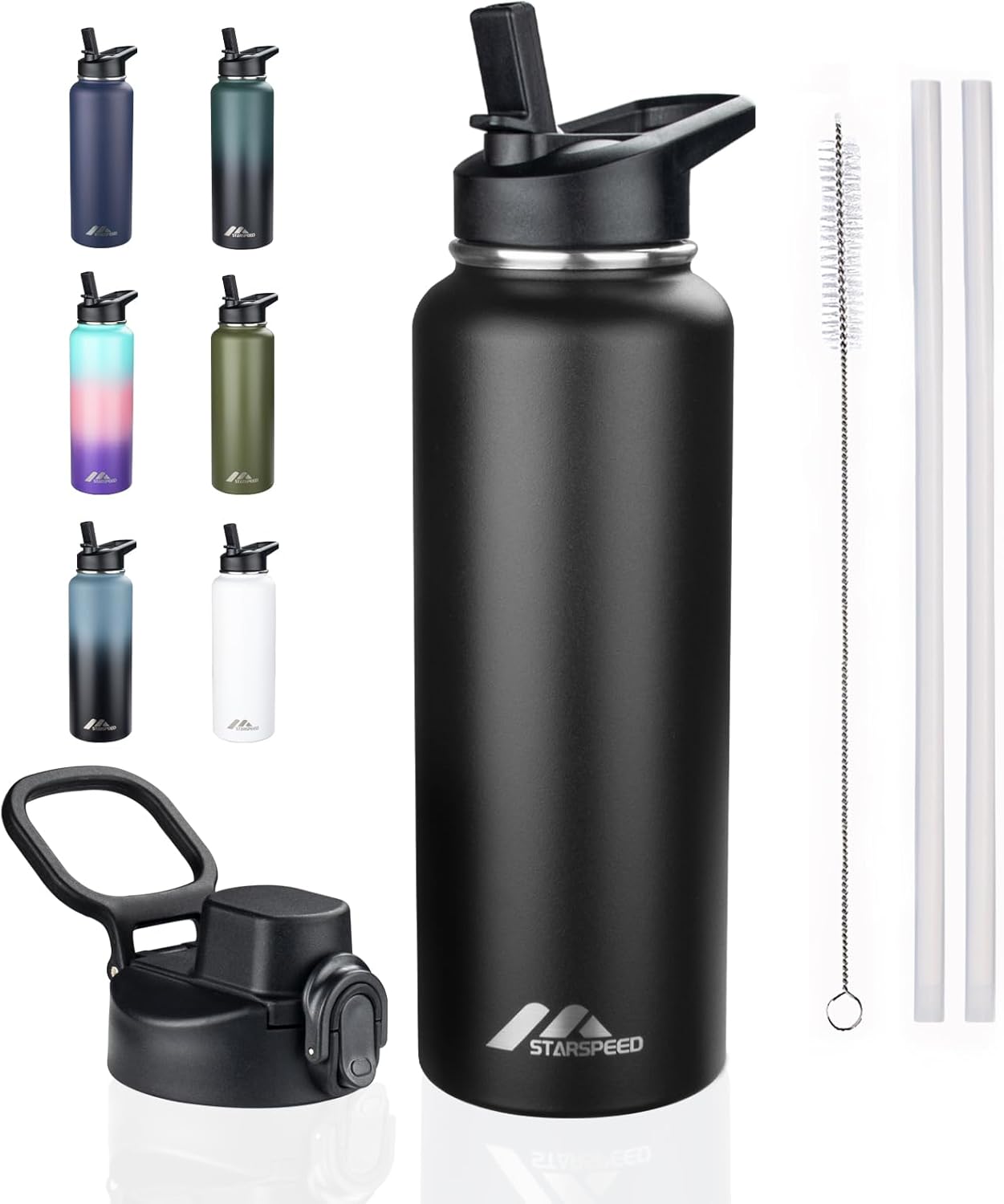 StarSpeed 32oz Insulated Water Bottle with Straw Lid, Stainless Steel Double Walled Vacuum Water Flask, Wide Mouth Sports Water Bottle for Gym Camping Hiking, Indigo Black