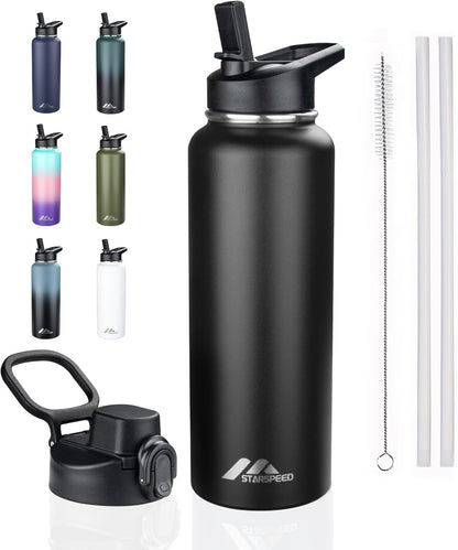 StarSpeed 32oz Insulated Water Bottle with Straw Lid, Stainless Steel Double Walled Vacuum Water Flask, Wide Mouth Sports Water Bottle for Gym Camping Hiking, Indigo Black