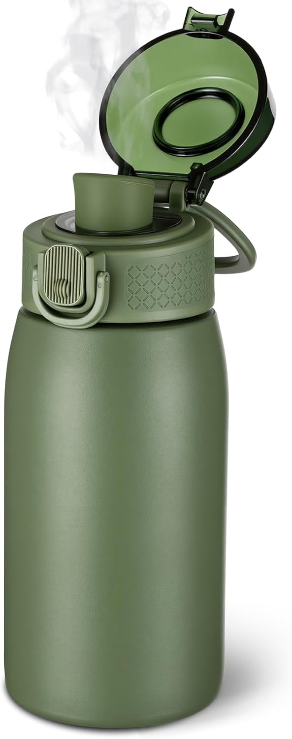 Insulated Water Bottle 24 oz with Dustproof Lid, Carry Handle & Tea Infuser, BPA-Free & Leakproof, Stainless Steel Water Bottles Ideal for Fitness, Hiking, Office & Outdoor Use (Black)