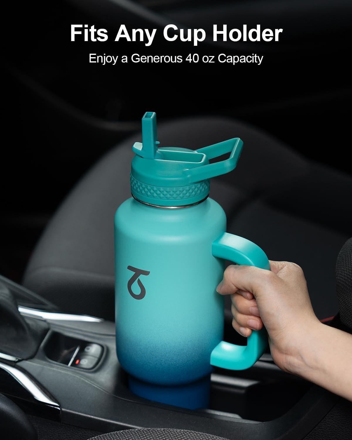 Trebo 40 oz Water Bottle Insulated Fit Car Cup Holder with Handle, Stainless Steel Water Bottles Tumbler with Spout Straw Lids, Double Wall Travel Reusable Flask, Leakproof Mug,Keep Cold &Hot,Black