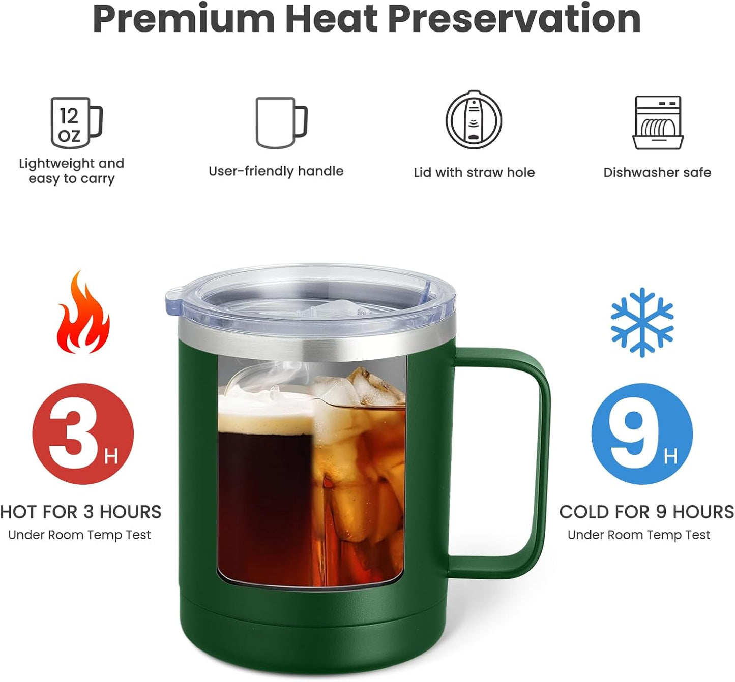 MEWAY 12oz Coffee Mug With Handle and Sliding Lid,Stainless Steel Travel Tumbler Cup with Handle,Double Wall Vacuum Insulated Camping Cup for Hot & Cold Drinks Tea (Black,Set of 1