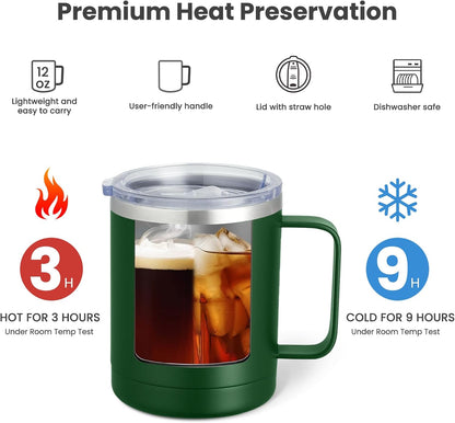 MEWAY 12oz Coffee Mug With Handle and Sliding Lid,Stainless Steel Travel Tumbler Cup with Handle,Double Wall Vacuum Insulated Camping Cup for Hot & Cold Drinks Tea (Black,Set of 1