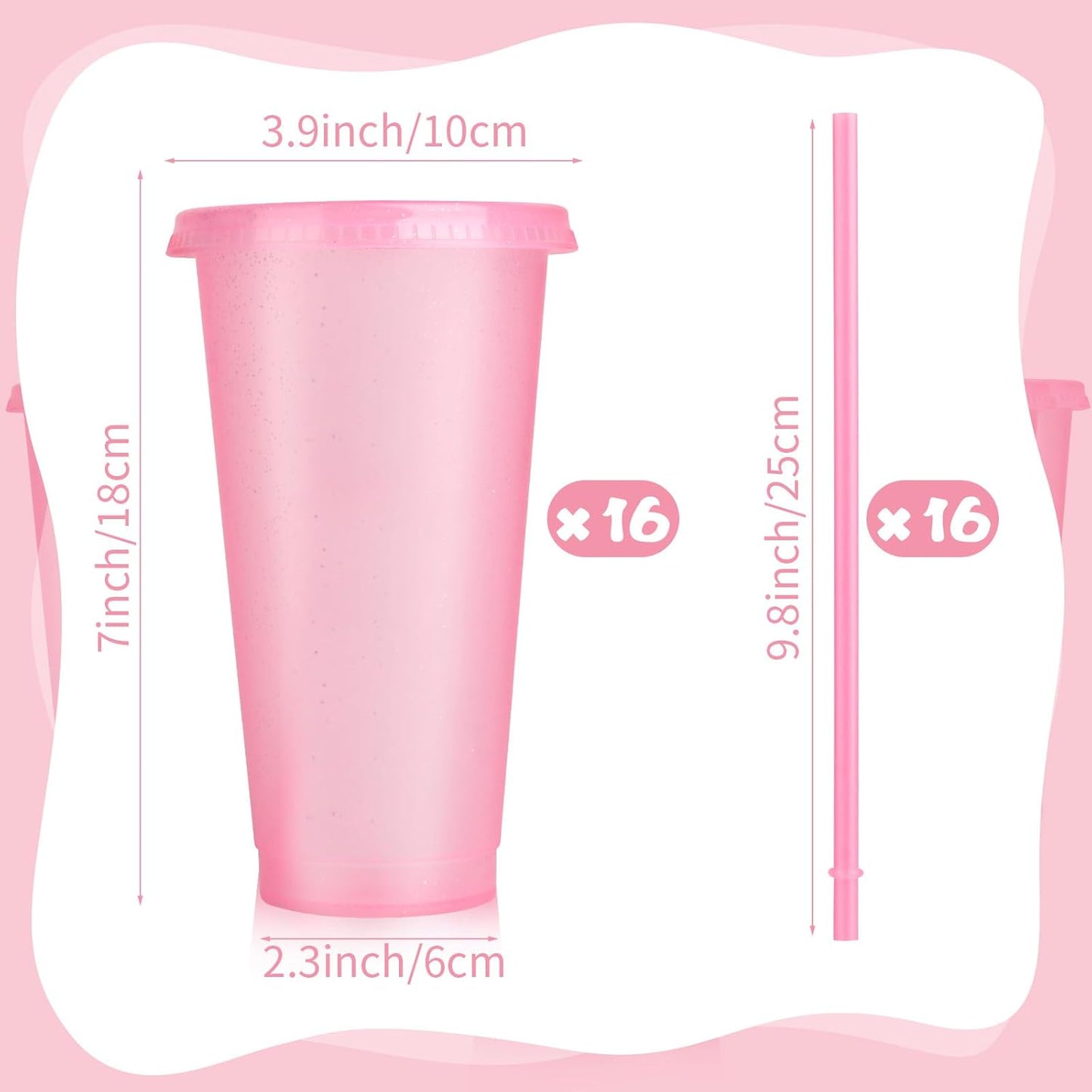 Hxezoc 16-Piece Reusable Cups with Lids and Straws, 24 oz Glitter Plastic Tumbler Iced Coffee Cups Travel Mug Cup for Smoothie Juices Beach or Bachelor Party (Black)