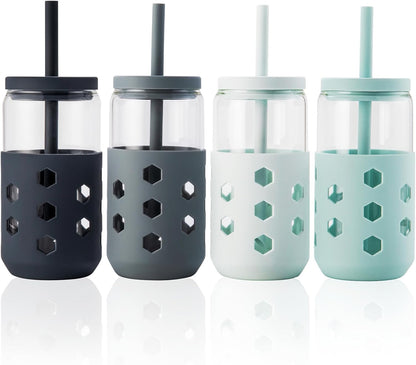 Mrsdry Glass Cups with Lids and Straws (4 Pcs), 16oz Drinking Glasses Set with Silicone Sleeves for Coffee Bar Accessories Iced Coffee Cups with Lids, Glass Tumbler Reusable for Gifts