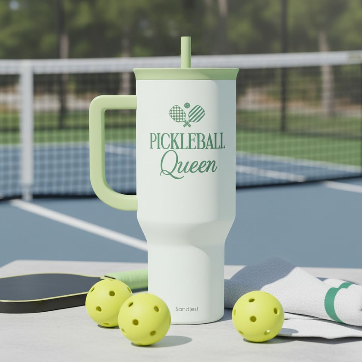 SANDJEST Pickleball 40oz Tumbler With Handle and Straw, Pickleball Queen Insulated Stainless Steel Travel Coffee Mug for Women Girls Players, Gift Idea for Birthday Christmas Mothers Day