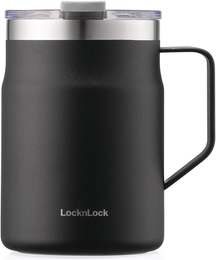 LocknLock Metro Mug Premium 18/8 Stainless Steel Double Wall Insulated with Handle Perfect for table with Lid, Black, 16 oz