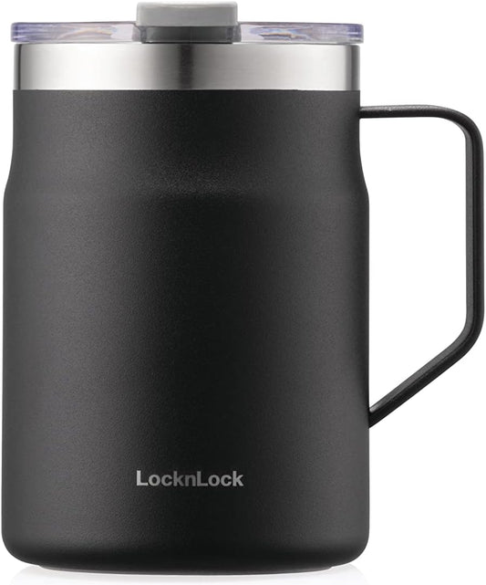 LocknLock Metro Mug Premium 18/8 Stainless Steel Double Wall Insulated with Handle Perfect for table with Lid, Black, 16 oz