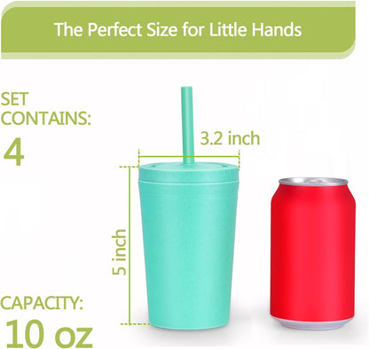Homestockplus Reusable Wheat Straw Cups with Lids and Silicone Straws, 10 Oz Chip Resistant E-Co Friendly Small Water Cups for Milk, Drinks, Smoothies - 4 Colors