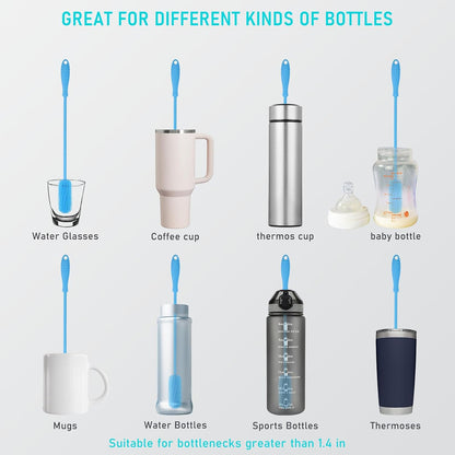 Silicone Bottle Cleaning Brush with Long Handle, 12.5" Water Bottle Cleaner for Baby Bottles, Hydro Flask, Sports Bottle, Vase, Glassware, Perfect for Smaller Diameter Bottle Openings (One Pack)