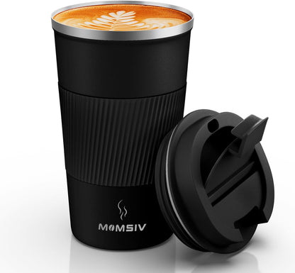 MOMSIV 12oz Travel Mug, Insulated Coffee Cup with Leakproof Lid, Travel Coffee Mug Vacuum Stainless Steel Double Walled Reusable Coffee Cup for Hot and Cold Water Coffee
