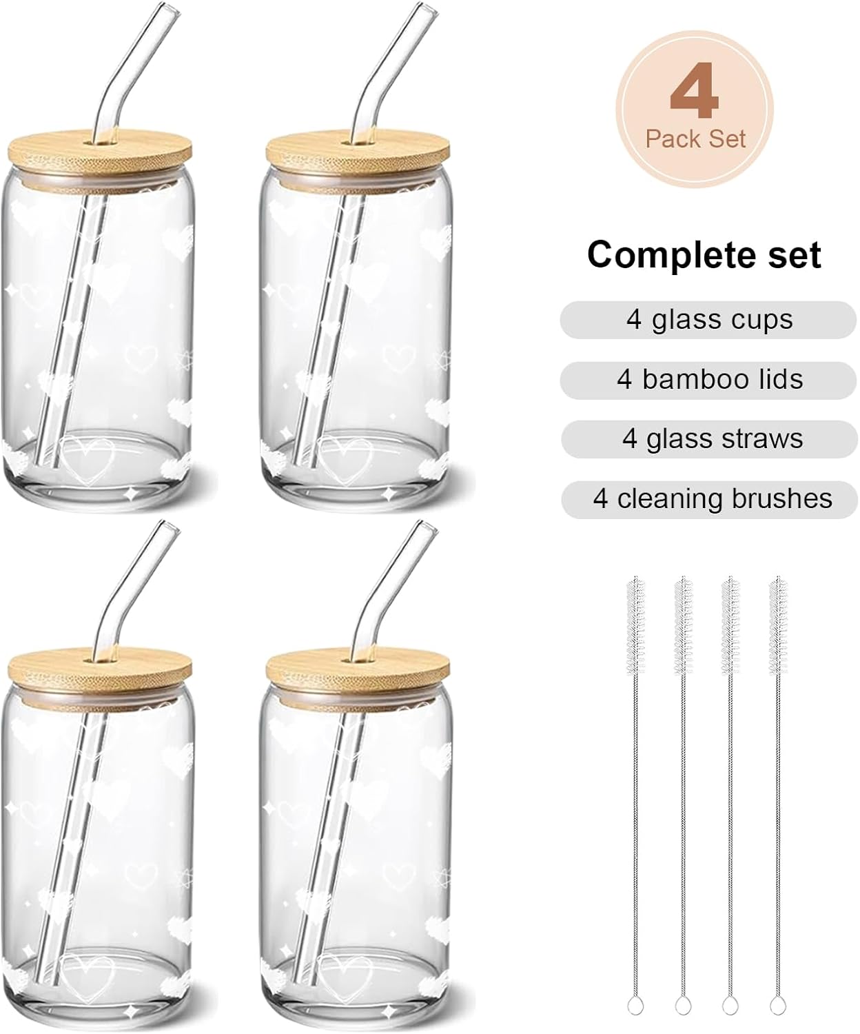Glass Cups with Lids and Straws 1Pack,Glass Coffee Cups,Glass Cup with Lid for Iced Coffee,Smoothie,Cocktail,Beer,Whiskey,Soda,Matcha,16 Oz Glass Cup with Bamboo Lid,1 Brush