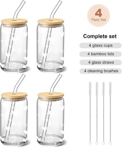 Glass Cups with Lids and Straws 1Pack,Glass Coffee Cups,Glass Cup with Lid for Iced Coffee,Smoothie,Cocktail,Beer,Whiskey,Soda,Matcha,16 Oz Glass Cup with Bamboo Lid,1 Brush