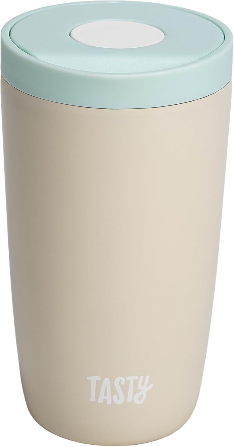 Tasty 12oz Insulated Stainless Steel Push Mug, Leak-Proof Lid with One-Hand Open/Close Button, Travel Coffee Cup, Double Wall Vacuum Flask, Aqua Blue