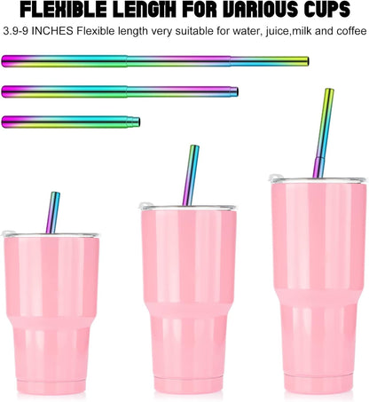 Zubebe 8 Pack Metal Reusable Straw Collapsible Straws Stainless Steel Drinking Straw with Plastic Case Silicone Tip and Cleaning Brush and Keychain Long Telescopic Portable for Travel Work