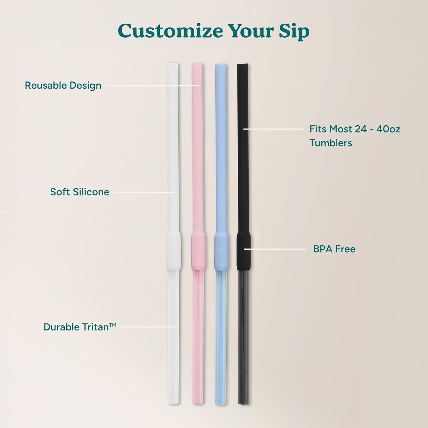 REDUCE Reusable Cold1 Flex Straws, Flip and Sip Silicone-Tritan Combo Replacement XL Straws, 4-Pack of BPA-Free, Dishwasher-Safe, Fits Most 24 oz to 50 oz Tumblers and Travel Mugs, Assorted Colors