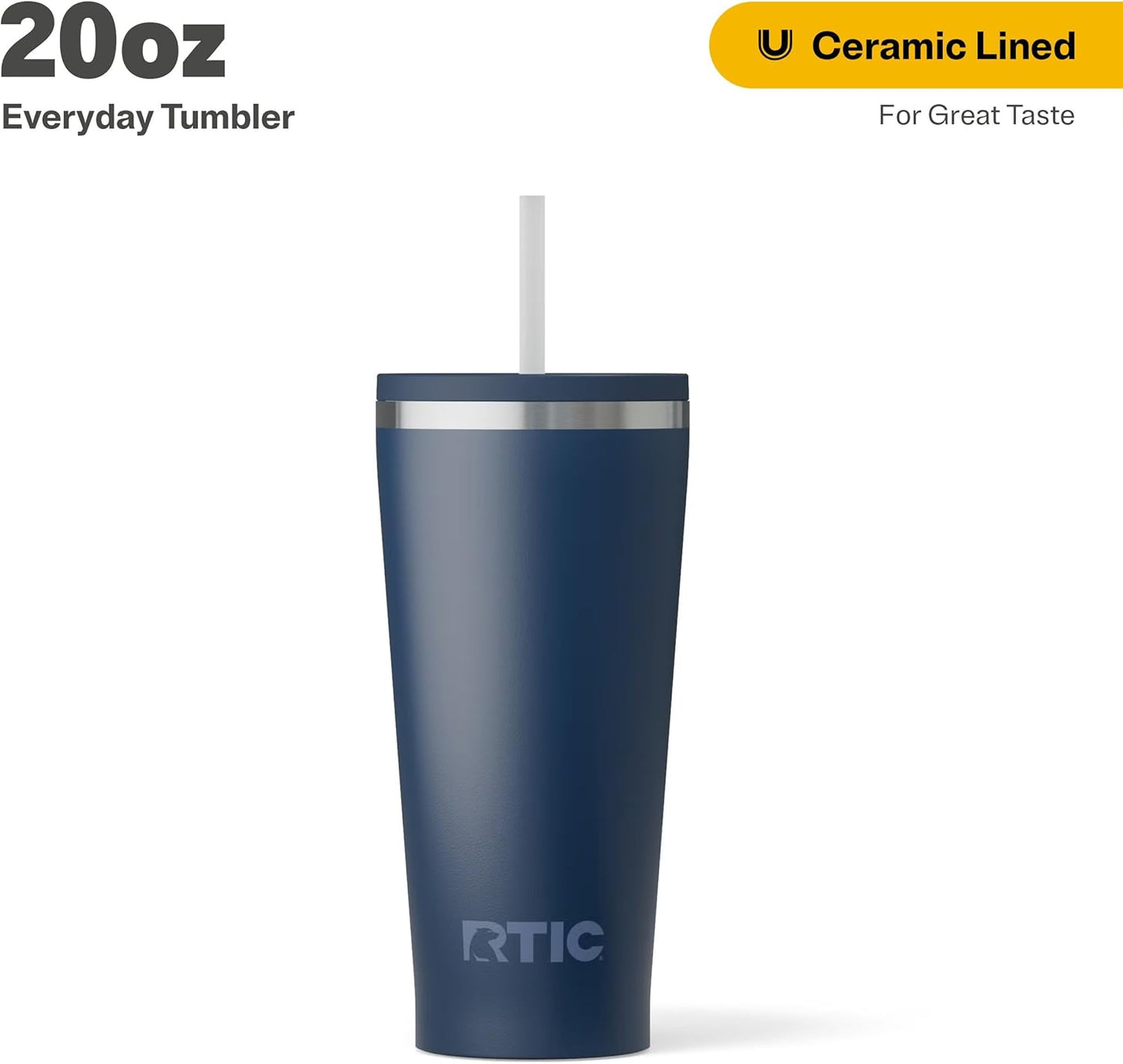 RTIC 20oz Everyday Tumbler Insulated Stainless Steel Portable Travel Coffee Cup with Straw, Ceramic Lining, Spill-Resistant Lid, BPA-Free, Hot and Cold Drink, Beach