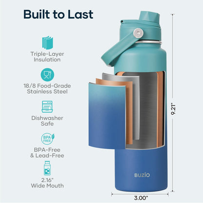 BUZIO 40oz Insulated Water Bottle, Triple Wall Vacuum Stainless Steel Water Flask with 2 lids, Lead-Free BPA-Free Straw Lid Sports Canteen Jug, Cold 48H & Hot 24H- Black - Colors B