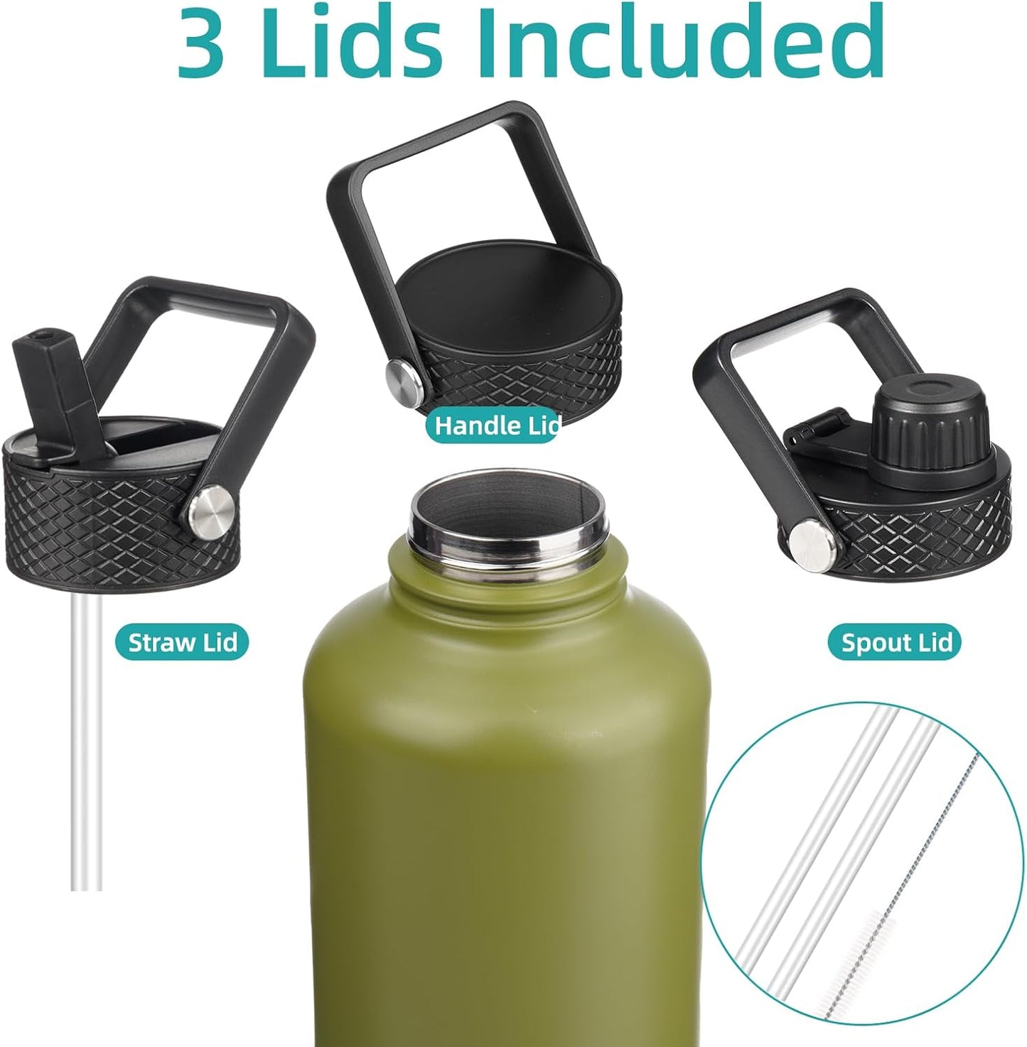 Konokyo 22oz Stainless Steel Bottles with 3 Lids Sport Insulated Water Bottle,Mint
