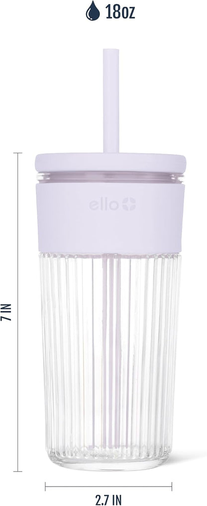 Ello Devon Glass Tumbler , Protective No Sweat Silicone Sleeve and Splash Proof Wooden Detail Lid with Straw, 18 oz