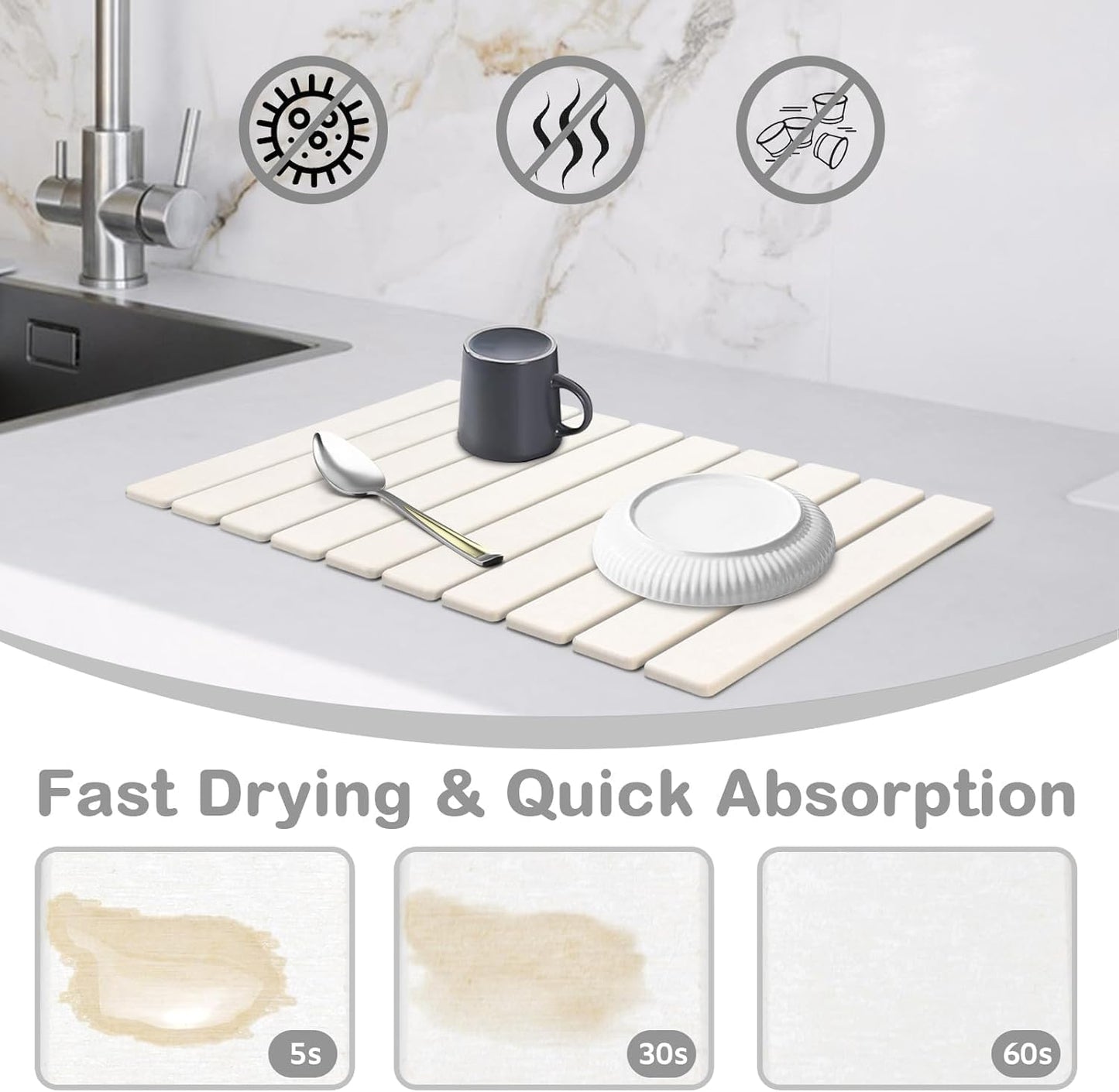Large Stone Dish Drying Mat for Kitchen Counter – 24"(L)×16 "(W) Foldable Super Absorbent Diatomaceous Earth Dish Drying Mat, Kitchen Counter Mats for Plate Rack, Cups, Match Any Countertop - Gray