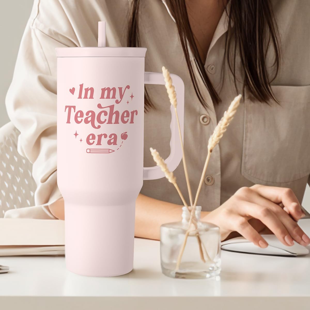 Floral Tumbler with Handle 40oz, Stainless Steel Insulated Tumblers Coffee Travel Mug Cup with Straw, Flower Coffee Cup Gifts for Women Girls, Gift for Her on Christmas Birthday Mothers Day
