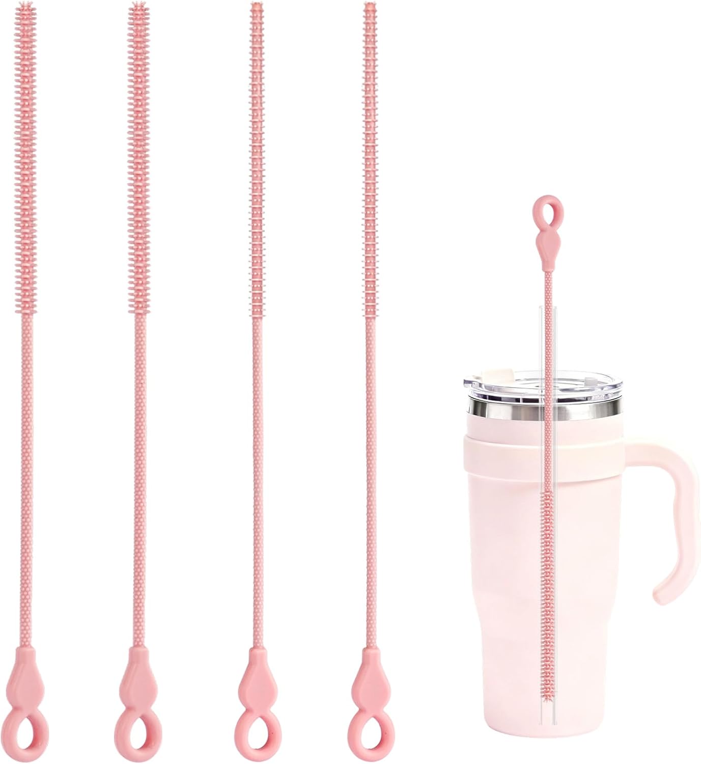 Silicone Straw Cleaner Brush, 4Pcs Reusable Straw Brush Set with Extra-Long Design for Cleaning Thin Metal Straws and Wider Milkshake Straws （6mm+9mm Pink)