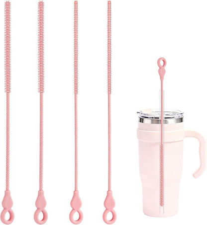 Silicone Straw Cleaner Brush, 4Pcs Reusable Straw Brush Set with Extra-Long Design for Cleaning Thin Metal Straws and Wider Milkshake Straws （6mm+9mm Pink)