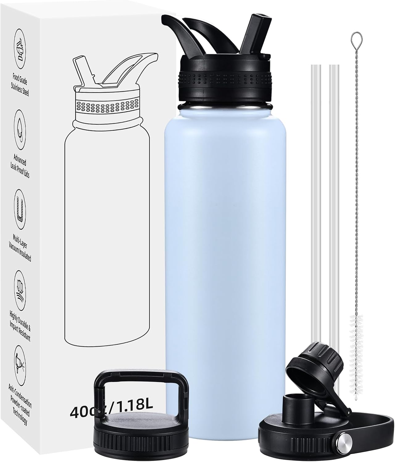 Insulated Water Bottles with Straw 40 oz Leak Proof, Vacuum Insulated Stainless Steel Sport Tumbler with 3 Lids Straw, Spout and Handle Lid for Sports, Gym or Office,Hot Pink