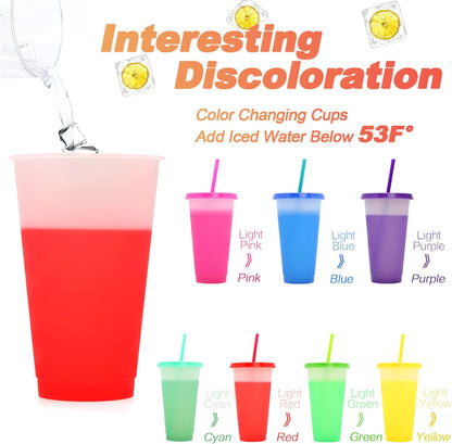 FIEKEICC Color Changing Cups with Lids and Straws,7Pcs 24oz Color Changing Tumblers,Reusable plastic tumblers with lids and straw Party Funny Tumbler Ice Cold Drinking Cup for Kids & Adults