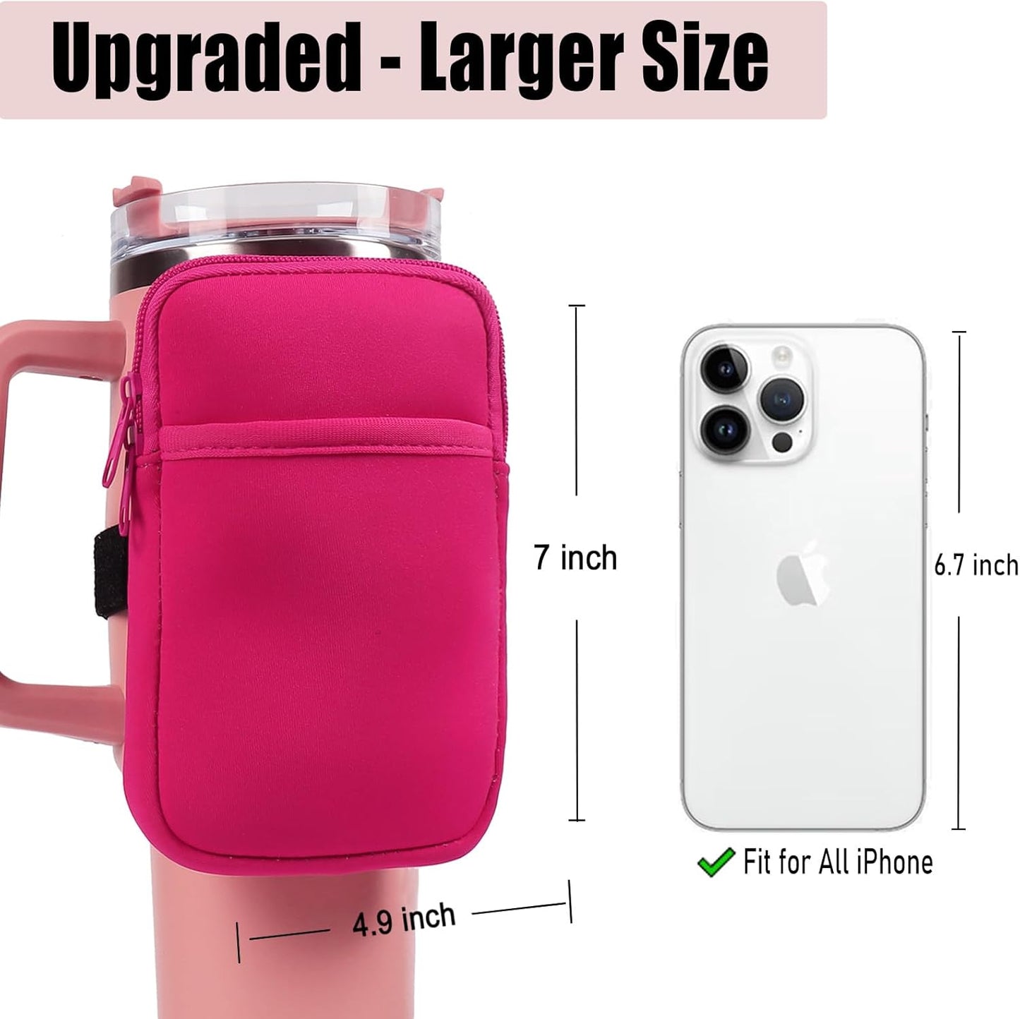LMYUHONG Water Bottle Pouch For Stanley cup accessories 40oz 20oz 30oz,tumbler pouch with Versatile Pocket, for Cards, Keys,Earphone. Fits for Phones, Use for Running, Walking, Hiking,Biking,DeepPink