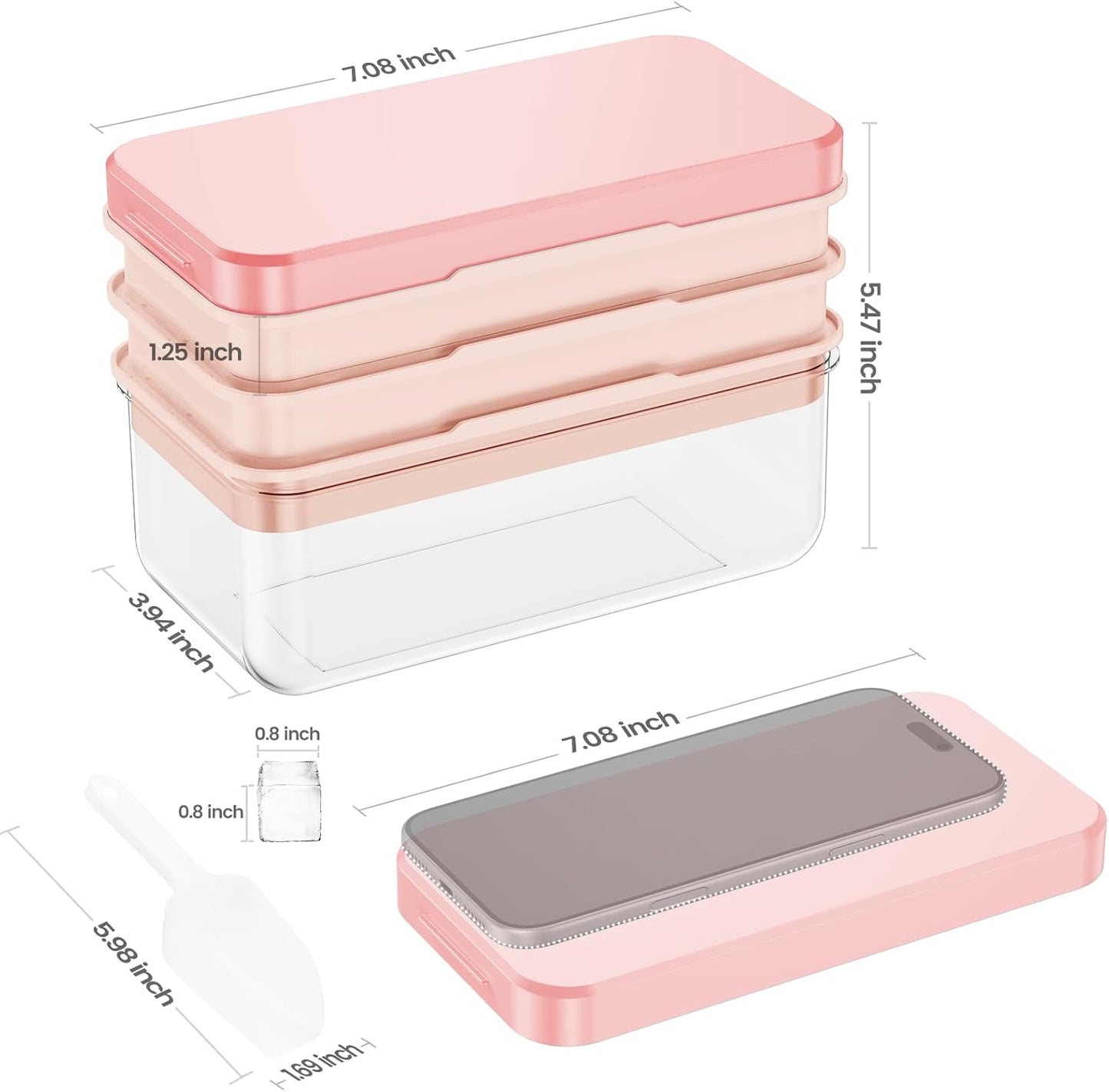 Ice Cube Tray with Lid and Bin, PHINOX 56 pcs Ice Trays for Freezer, Ice Cube Trays for Freezer with 2 trays, Container, Lid & Ice Scoop, BPA Free