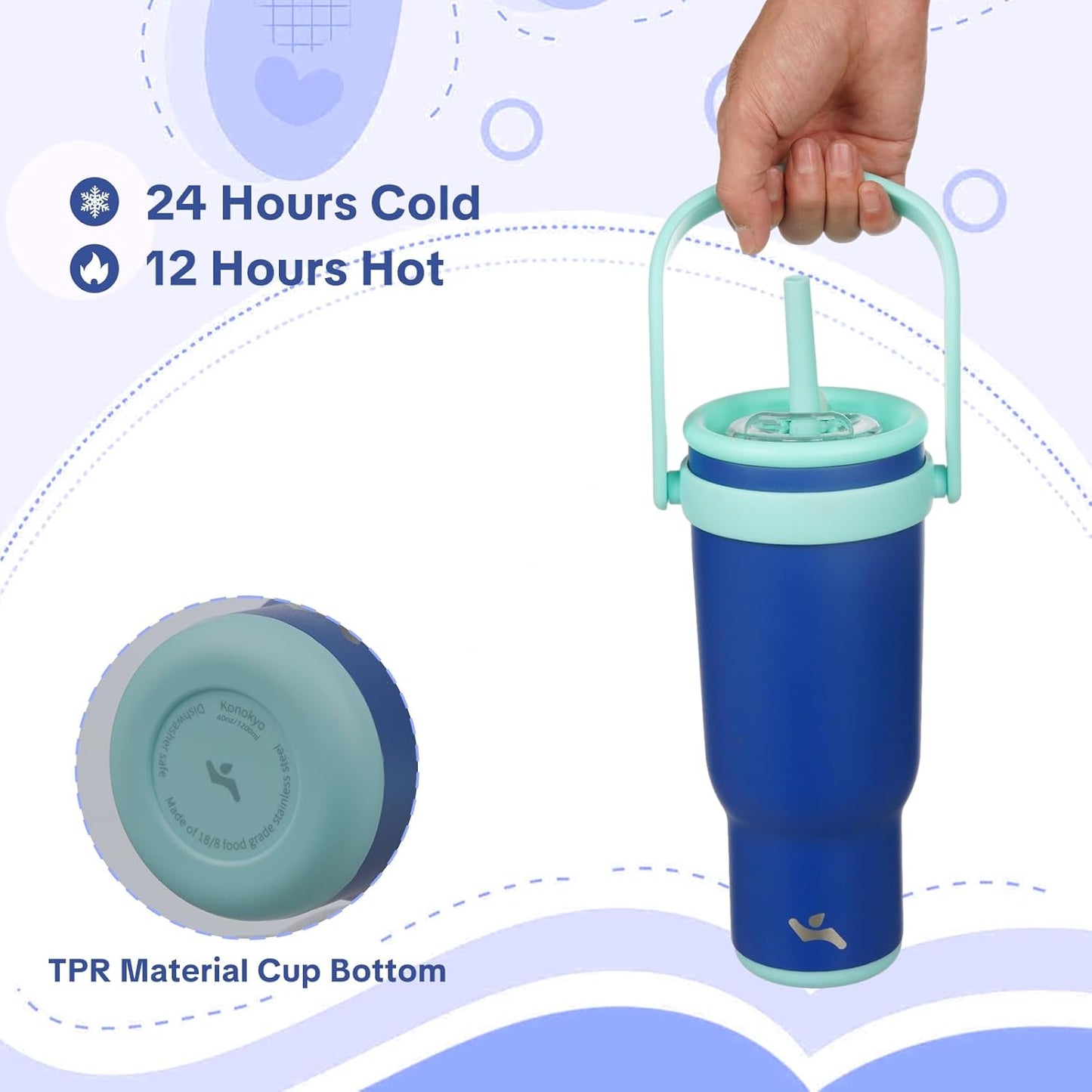 Konokyo 30 oz Tumbler with Side Handle, Insulated Water Bottle with Straw and 2 in 1 Lid, Stainless Steel Cup Travel Coffee Mug for Sports Office Gym,Purple