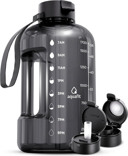 AQUAFIT 64 oz Water Bottle with Time Marker - Straw & Chug Lid - BPA Free Half Gallon Gym Water Bottle with Handle - Big Gallon Jug (Gray, 64 Ounces)