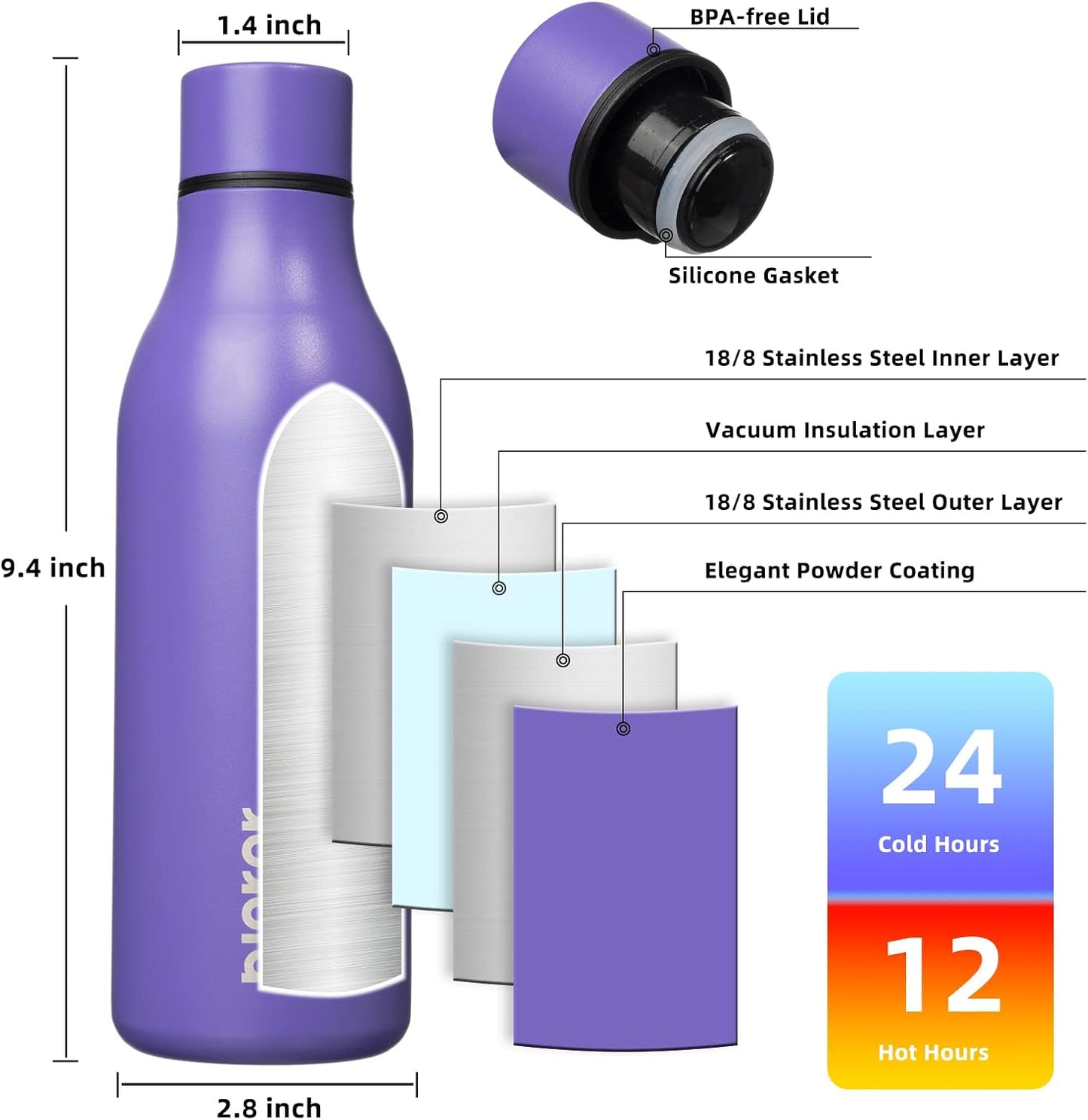 BJPKPK Insulated Water Bottles, 18 oz Stainless Steel Metal Water Bottle with Strap, BPA Free Leak Proof Jugs, Mugs, Flasks, Reusable Thermal Flasks for Sports & Travel, Black - Colors A