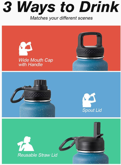 Half Gallon Water Bottle Insulated with Straw & 3 Lids, Coolflask 64 oz Water Jug Large Metal Stainless Steel Wide Mouth for Sports, Gym or Office, Non-BPA Keep Cold 48H Hot 24H, Samurai Cyan