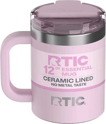 RTIC 12oz Essential Mug with Lid and Handle, Ceramic Lined, Insulated, Stainless Steel, Metal, Double Wall Vacuum-Insulation, Portable, Travel Cup for Hot and Cold Drink, Beach