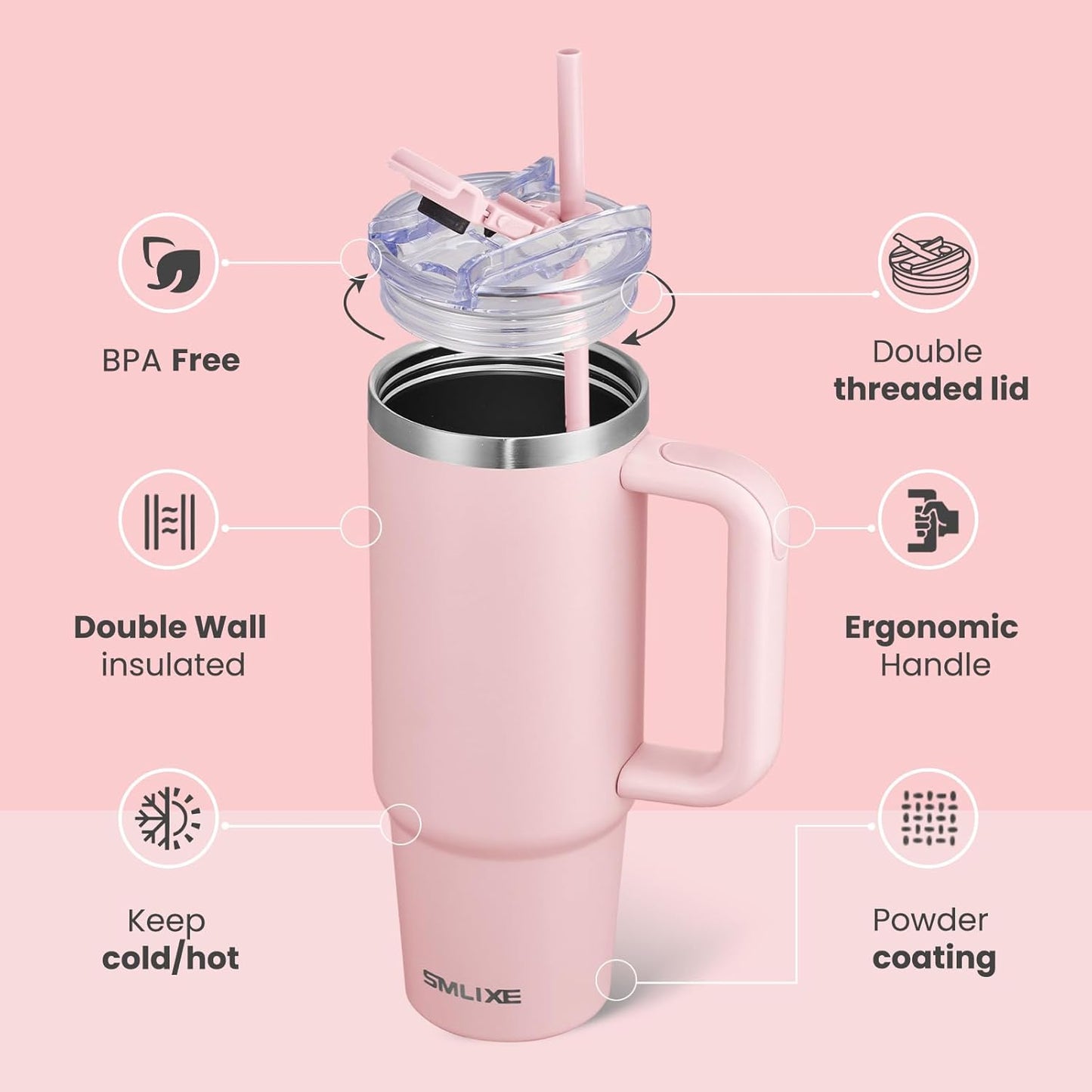40 oz Tumbler with Handle and Straw Lid,Insulated Reusable Stainless Steel Water Bottle Travel Mug，Cupholder Friendly Double Wall Vacuum Sealed Cup (Black)
