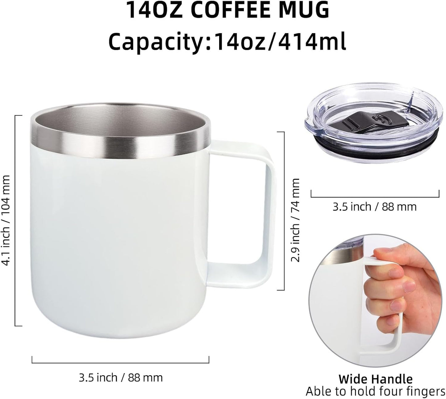 Volhoply 14oz Insulated Stainless Steel Coffee Mug with Lid Bulk 4 Pack,Double Wall Vacuum Travel Coffee Cup with Handle,Reusable Metal Cups Tumbler Cup,Camping Mugs,Ideal Gifts(Mix,4)
