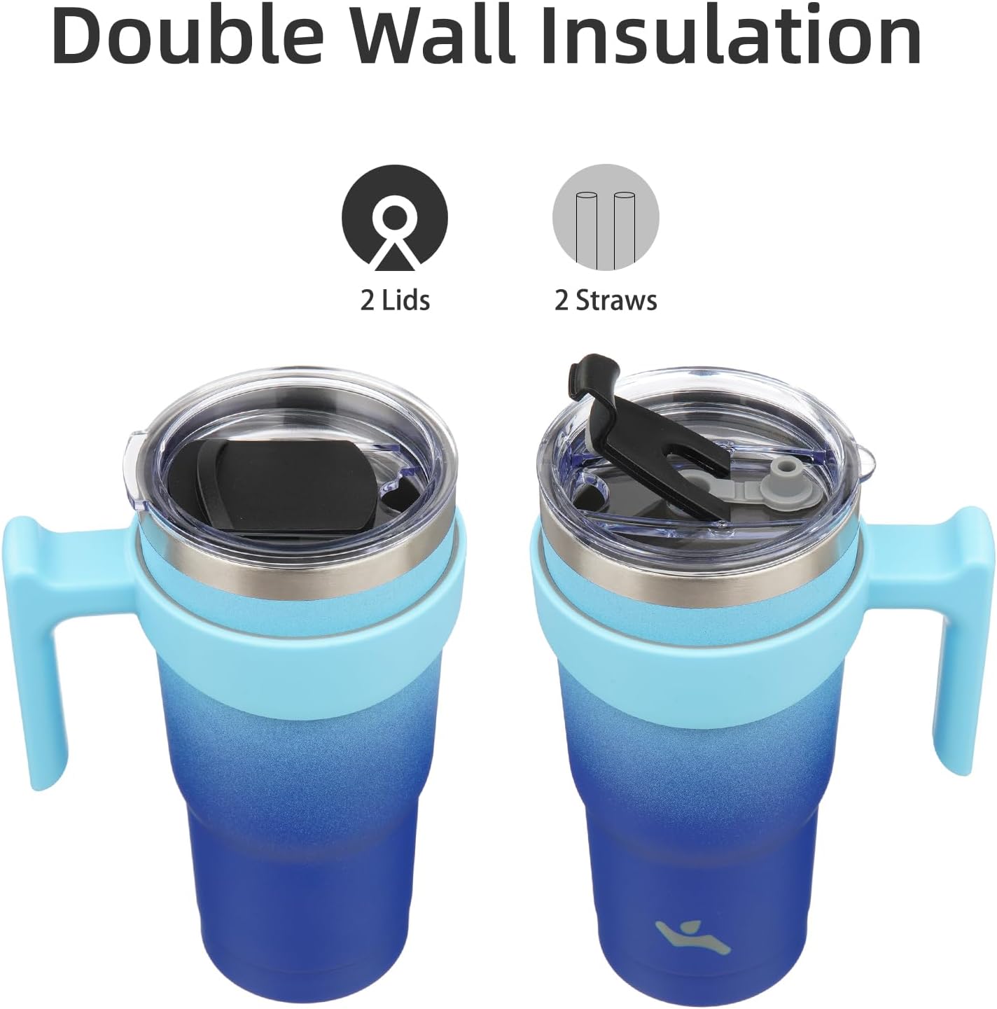 Konokyo 20 oz Tumbler with Handle and 2 Straw 2 Lid, Insulated Water Bottle Stainless Steel Vacuum Cup Reusable Travel Mug,Black