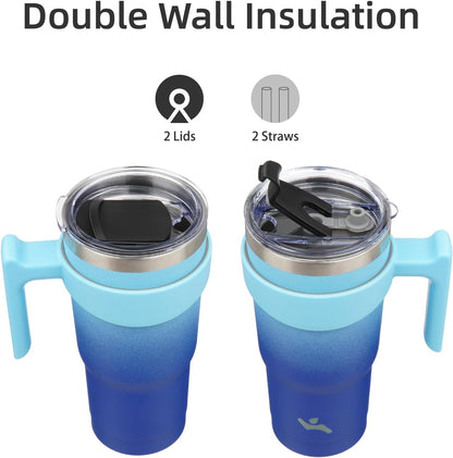Konokyo 20 oz Tumbler with Handle and 2 Straw 2 Lid, Insulated Water Bottle Stainless Steel Vacuum Cup Reusable Travel Mug,Black