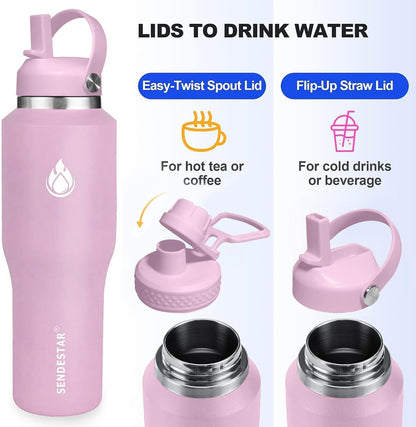 SENDESTAR 40oz Water Bottle Wide Mouth Stainless Steel Vacuum Insulated Double Wall with Straw Lids Fit in Any Car Cup Holder