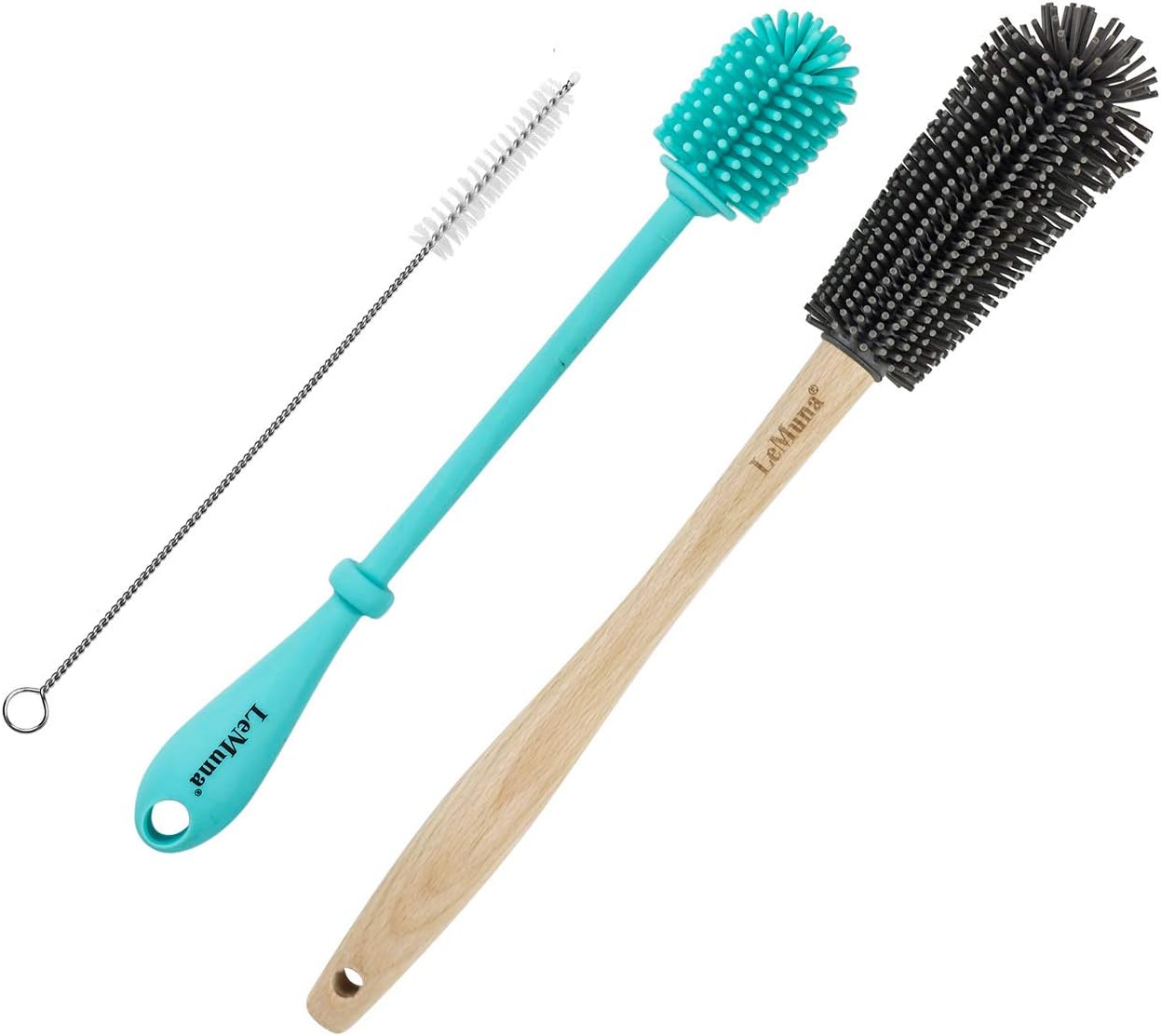 Silicone Bottle Brush Set with Wooden Handle - Silicone Brush & Straw Cleaner for Hydro Flask, Sports Bottle, Glassware